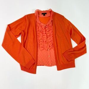 J.Crew Cardigan Women's Medium Orange Merino Wool Ruffled Underlay Button-Front